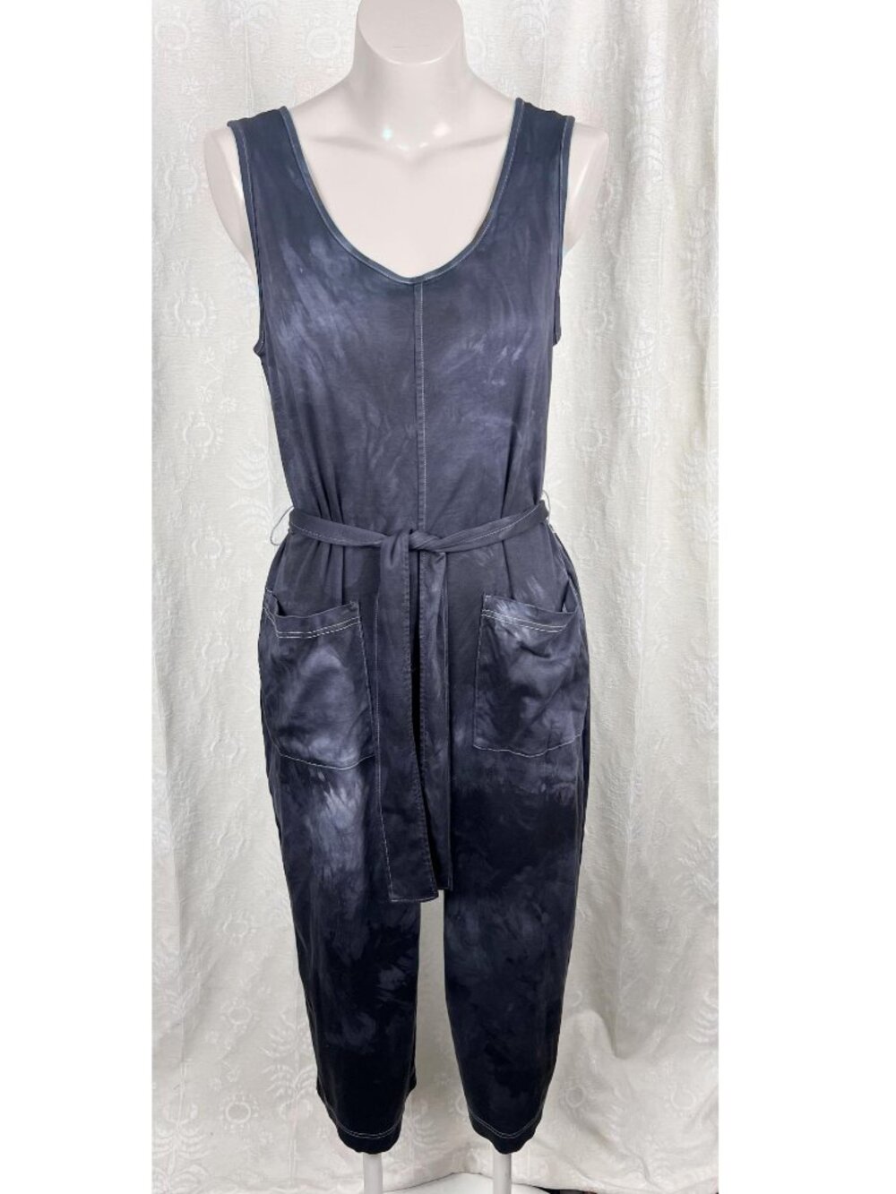 Everlane The Luxe Cotton Tank Jumpsuit cropped wide leg smoke gray tie dye boho